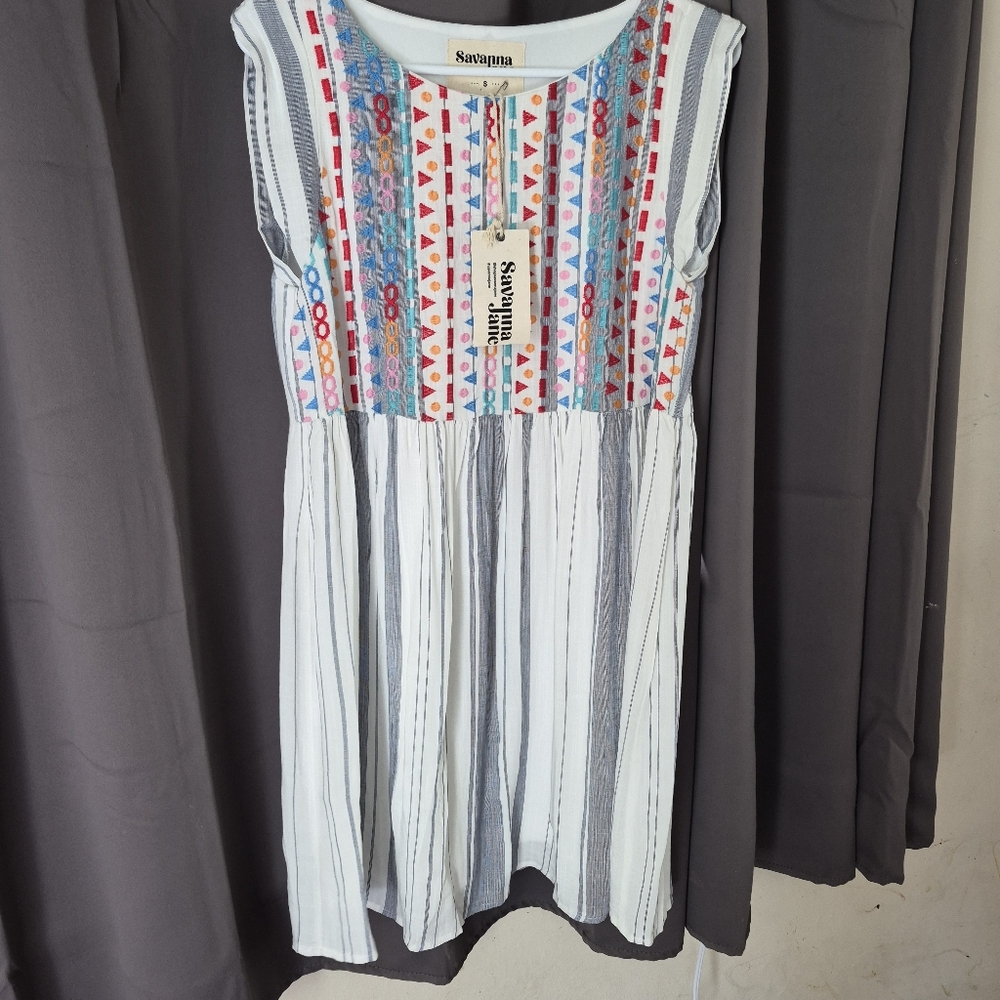 NWT Savanna Jane Tunic Mini Dress Womens Small Geometric Embroidery Striped Boho